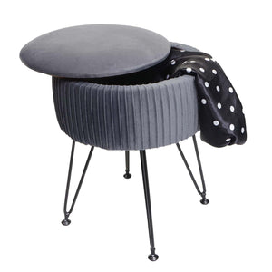 Sitzhocker mit Staufach Ø33cm Samt-Optik hellgrau Gestell schwarz