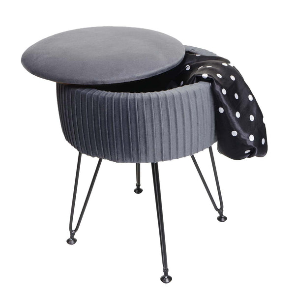 Sitzhocker mit Staufach Ø33cm Samt-Optik hellgrau Gestell schwarz