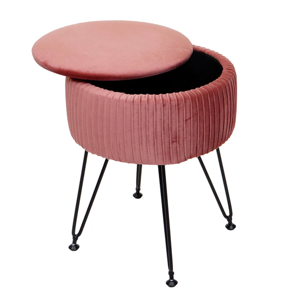 Sitzhocker mit Staufach Ø33cm Samt-Optik rosa Gestell schwarz