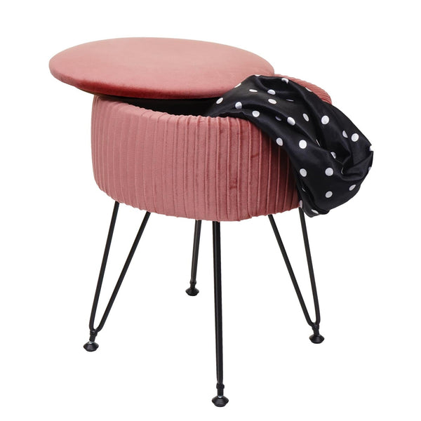 Sitzhocker mit Staufach Ø33cm Samt-Optik rosa Gestell schwarz