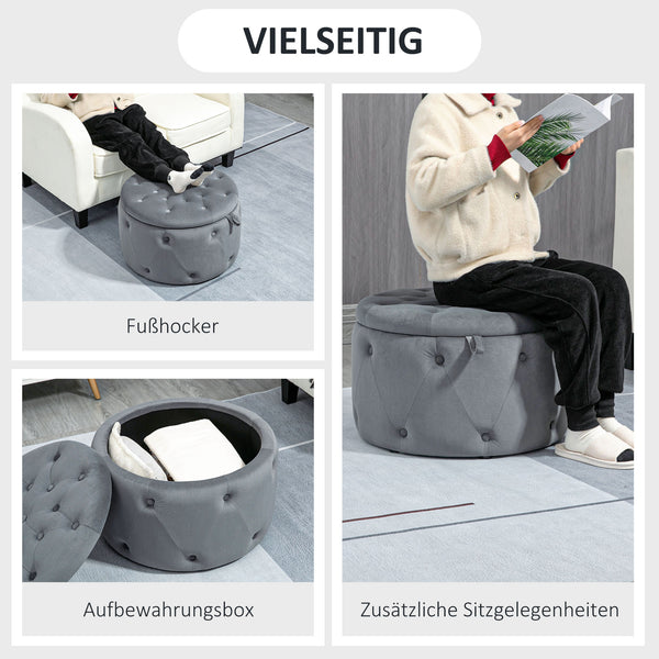 Sitzhocker mit Stauraum runde Form Samtoptik Grau