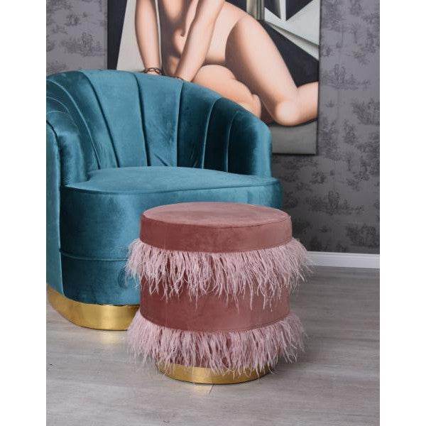 SAMT SITZHOCKER STRAUSSENFEDERN POUF SITZWÜRFEL SITZPOUF METALLRING