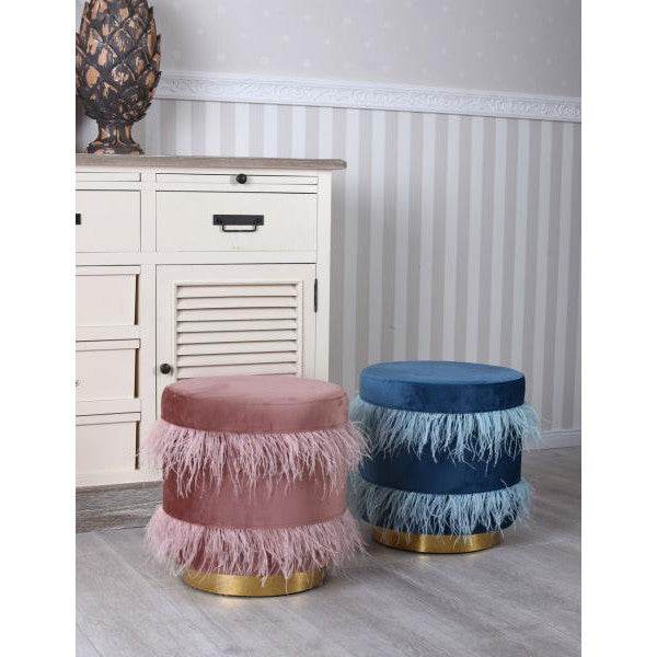 SAMT SITZHOCKER STRAUSSENFEDERN POUF SITZWÜRFEL SITZPOUF METALLRING