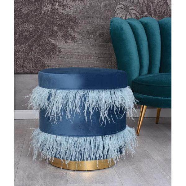 SAMT HOCKER MIT METALLRING BLAU POUF SITZHOCKER SITZWÜRFEL