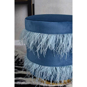 SAMT HOCKER MIT METALLRING BLAU POUF SITZHOCKER SITZWÜRFEL