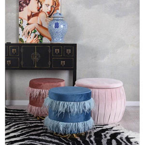 SAMT HOCKER MIT METALLRING BLAU POUF SITZHOCKER SITZWÜRFEL