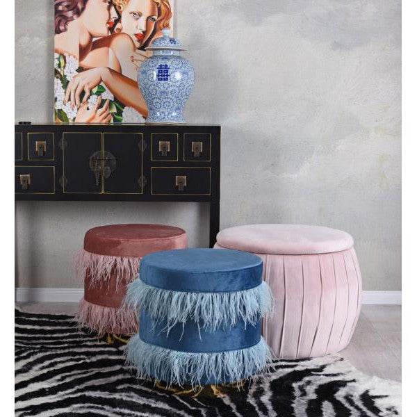 SAMT HOCKER MIT METALLRING BLAU POUF SITZHOCKER SITZWÜRFEL