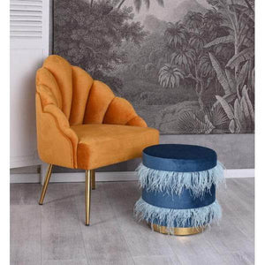 SAMT HOCKER MIT METALLRING BLAU POUF SITZHOCKER SITZWÜRFEL
