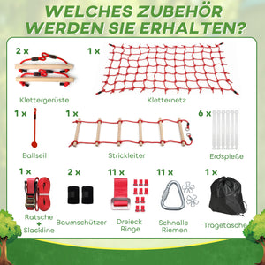 Slackline Kletterset für Kinder mit Schaukel Netz und Turnringen