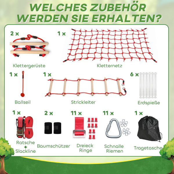Slackline Kletterset für Kinder mit Schaukel Netz und Turnringen