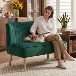 Sofa 2-Sitzer Retro mit Holzbeinen für Wohnzimmer dunkelgrün
