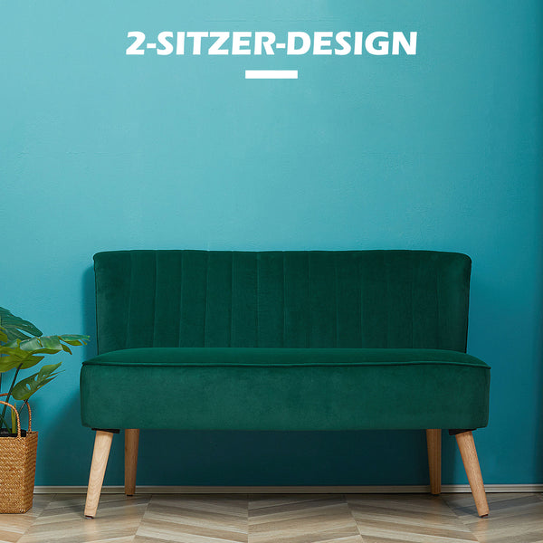 Sofa 2-Sitzer Retro mit Holzbeinen für Wohnzimmer dunkelgrün