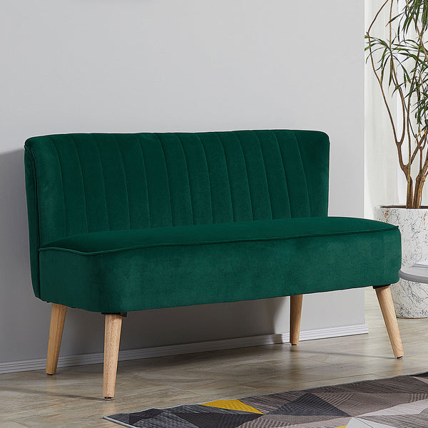 Sofa 2-Sitzer Retro mit Holzbeinen für Wohnzimmer dunkelgrün
