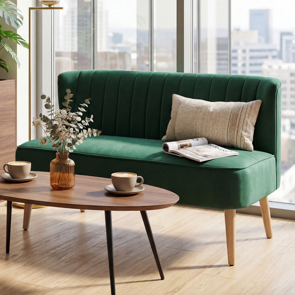 Sofa 2-Sitzer Retro mit Holzbeinen für Wohnzimmer dunkelgrün