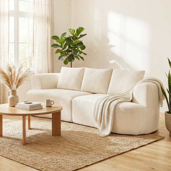 Sofa 3-Sitzer mit Federkern und breiter Sitzfläche Chenille cremeweiss