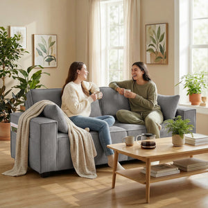 Sofa 3-Sitzer modern mit Federkern und Kissen Cord hellgrau