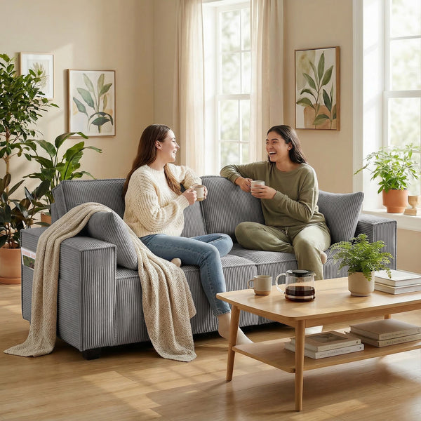 Sofa 3-Sitzer modern mit Federkern und Kissen Cord hellgrau