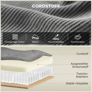 Sofa 3-Sitzer modern mit Federkern und Kissen Cord hellgrau
