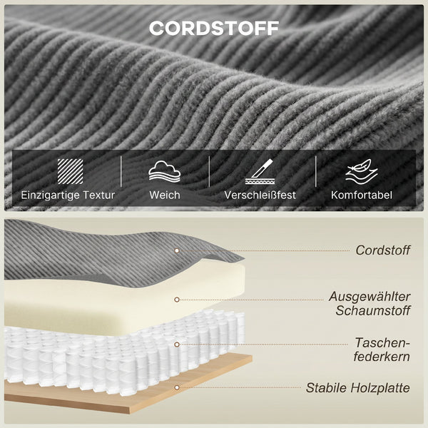 Sofa 3-Sitzer modern mit Federkern und Kissen Cord hellgrau