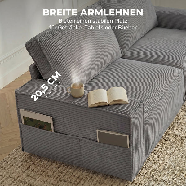 Sofa 3-Sitzer modern mit Federkern und Kissen Cord hellgrau