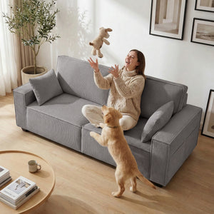 Sofa 3-Sitzer modern mit Federkern und Kissen Cord hellgrau