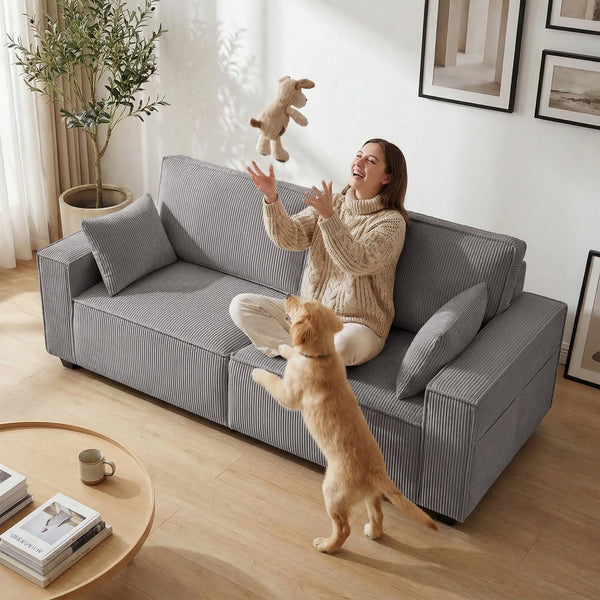 Sofa 3-Sitzer modern mit Federkern und Kissen Cord hellgrau