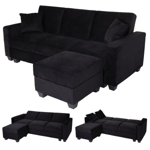 Sofa mit Ottomane Gästebett Schlaffunktion Stauraum 217x145cm Samt schwarz