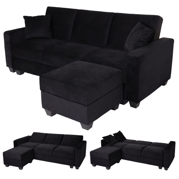 Sofa mit Ottomane Gästebett Schlaffunktion Stauraum 217x145cm Samt schwarz