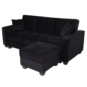 Sofa mit Ottomane Gästebett Schlaffunktion Stauraum 217x145cm Samt schwarz