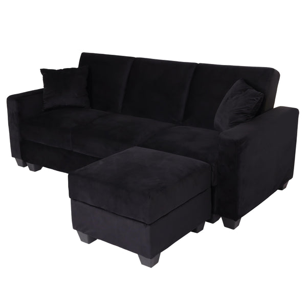 Sofa mit Ottomane Gästebett Schlaffunktion Stauraum 217x145cm Samt schwarz