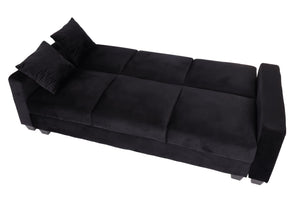 Sofa mit Ottomane Gästebett Schlaffunktion Stauraum 217x145cm Samt schwarz
