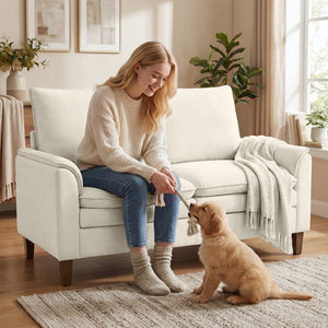 Sofa Zweisitzer mit Federkissen und hohem Rücken Chenille creme