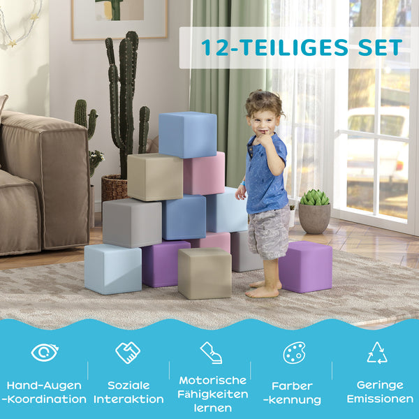 Softbausteine Würfel 12er Set kindersicher für Kleinkinder 1-3 Jahre