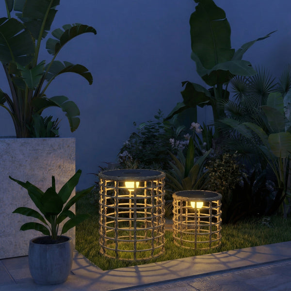 Solar Rattan Stehlampe LED 2er Set mit Lichtsensor Boho Stil