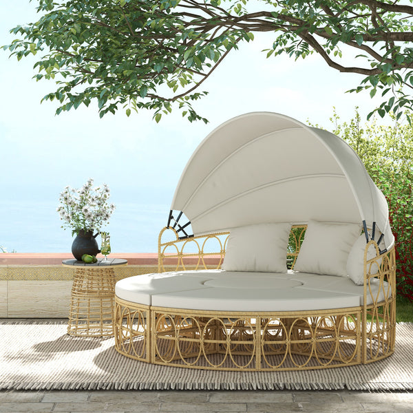 Sonneninsel mit Dach und Kissen für Garten Rattan beige