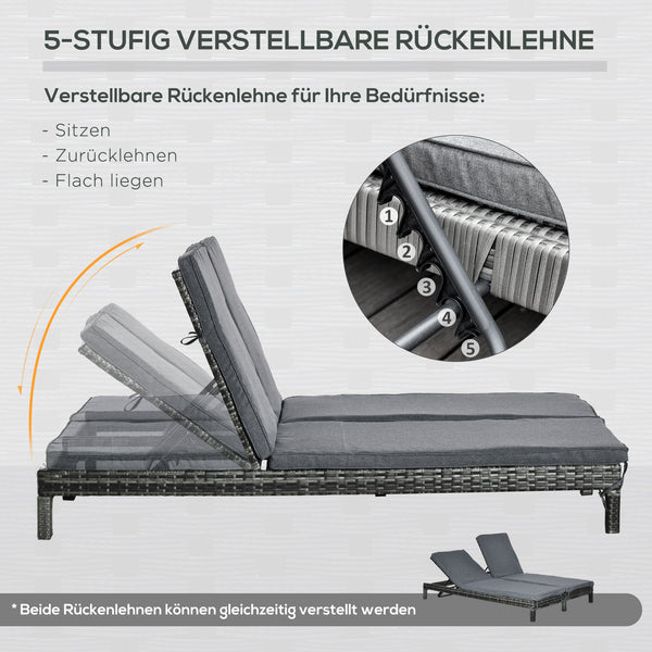 Sonnenliege Doppelliege für 2 Personen für Garten Polyrattan grau