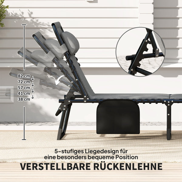 Sonnenliege mit Polsterung und Seitentasche für Garten grau