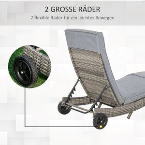 Sonnenliege verstellbar mit Kissen für Garten Polyrattan grau