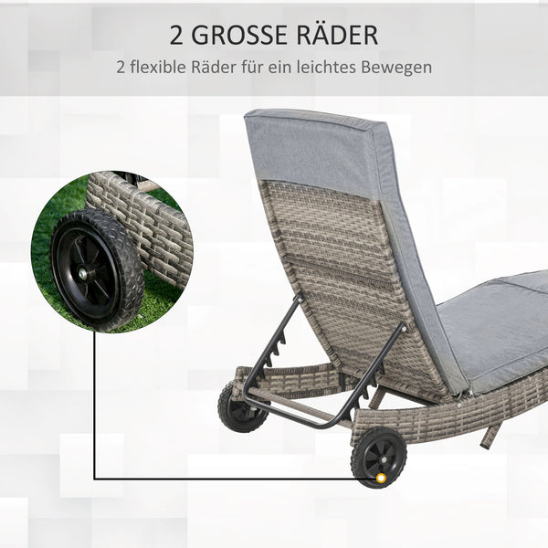 Sonnenliege verstellbar mit Kissen für Garten Polyrattan grau