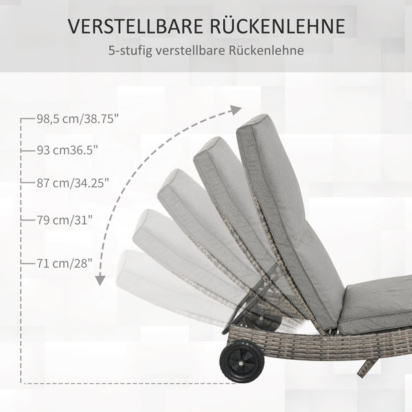 Sonnenliege verstellbar mit Kissen für Garten Polyrattan grau