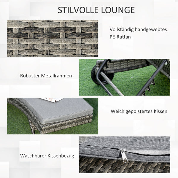 Sonnenliege verstellbar mit Kissen für Garten Polyrattan grau
