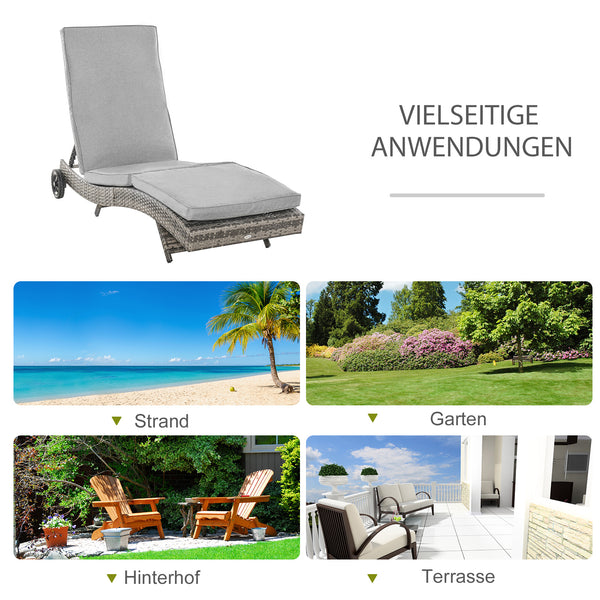 Sonnenliege verstellbar mit Kissen für Garten Polyrattan grau