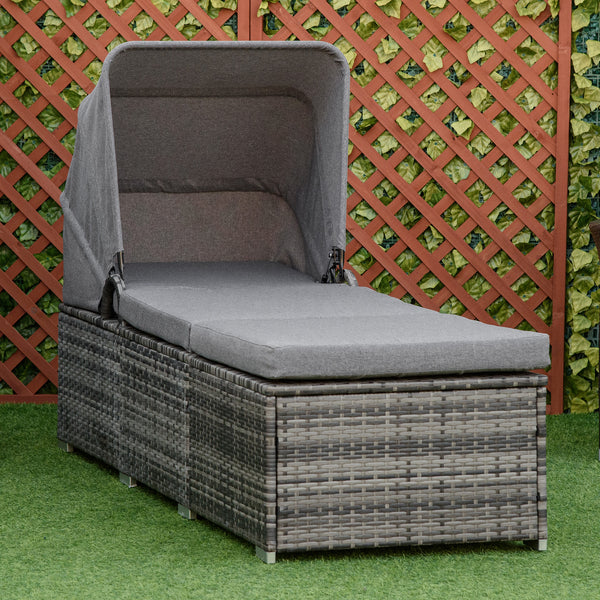 Sonnenliege Polyrattan mit Sonnendach Grau