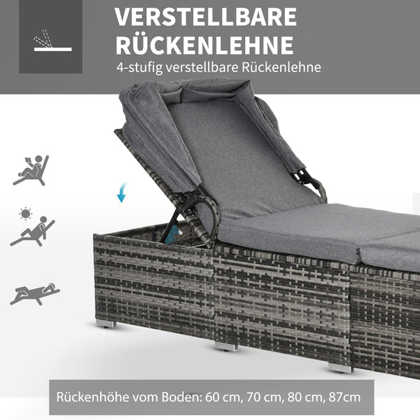 Sonnenliege Polyrattan mit Sonnendach Grau