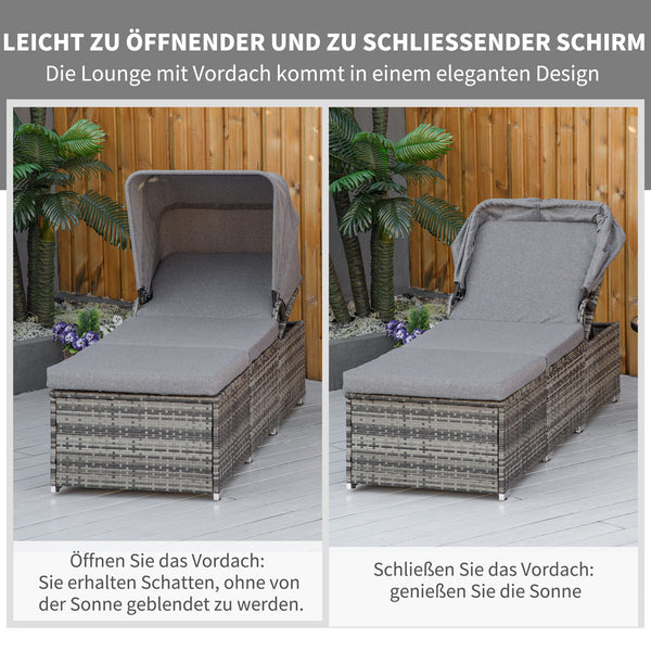 Sonnenliege Polyrattan mit Sonnendach Grau