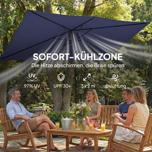 Sonnenschirm LED Solar UV-Schutz mit Kurbel 300x200cm marineblau