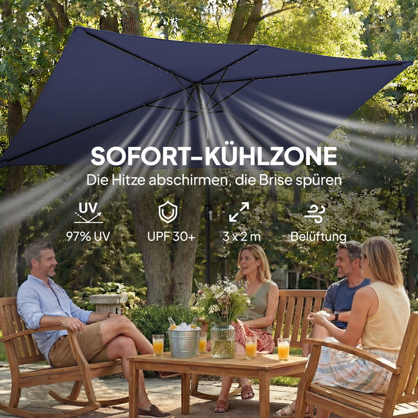 Sonnenschirm LED Solar UV-Schutz mit Kurbel 300x200cm marineblau