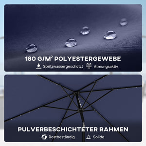 Sonnenschirm LED Solar UV-Schutz mit Kurbel 300x200cm marineblau