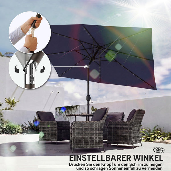 Sonnenschirm LED Solar UV-Schutz mit Kurbel 300x200cm marineblau