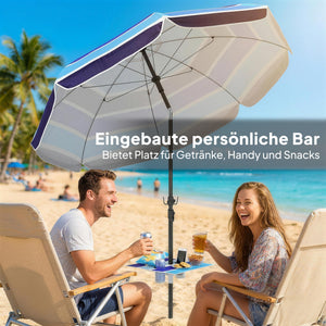 Sonnenschirm Strand klappbar UV-Schutz mit Tisch und Getränkehalter